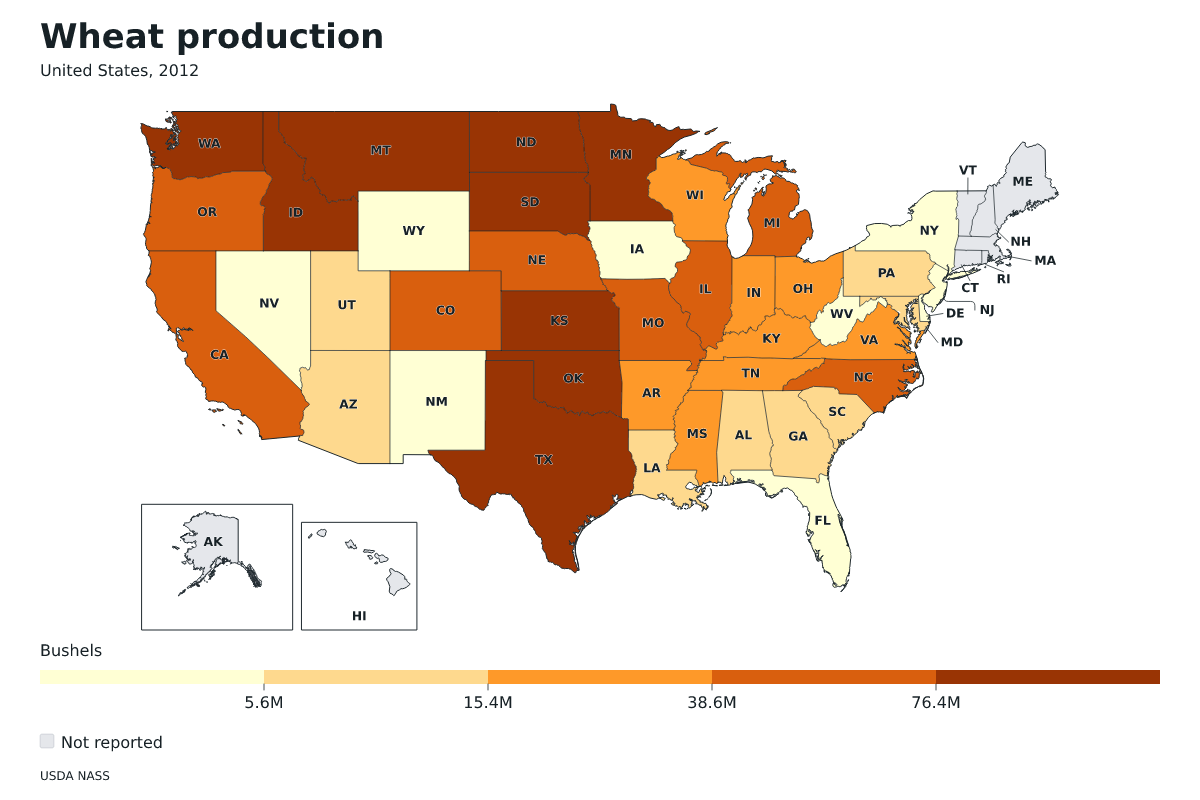 Producción de trigo por estado en Estados Unidos, 2012. Unidad: bushels de trigo. Fuente: USDA National Agricultural Statistics Service (NASS).