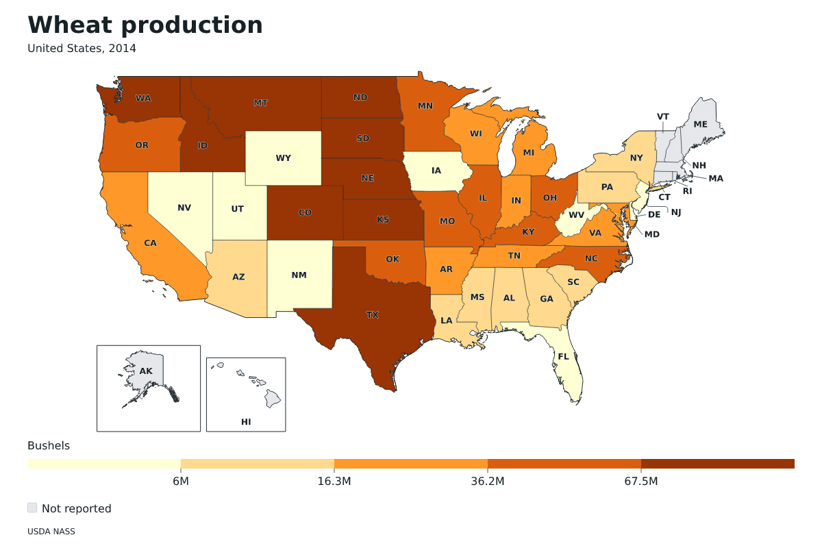 Producción de trigo por estado en Estados Unidos, 2014. Unidad: bushels de trigo. Fuente: USDA National Agricultural Statistics Service (NASS).