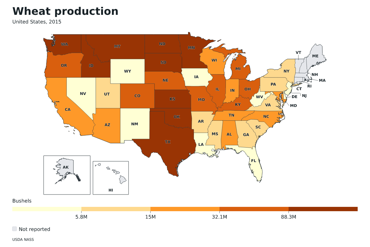 Producción de trigo por estado en Estados Unidos, 2015. Unidad: bushels de trigo. Fuente: USDA National Agricultural Statistics Service (NASS).