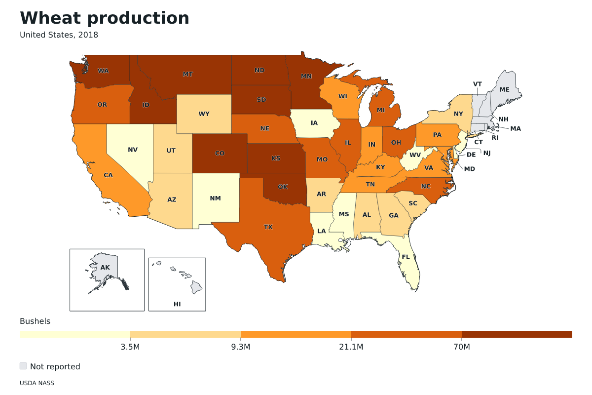 Producción de trigo por estado en Estados Unidos, 2018. Unidad: bushels de trigo. Fuente: USDA National Agricultural Statistics Service (NASS).