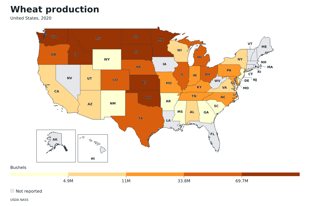 Producción de trigo por estado en Estados Unidos, 2020. Unidad: bushels de trigo. Fuente: USDA National Agricultural Statistics Service (NASS).