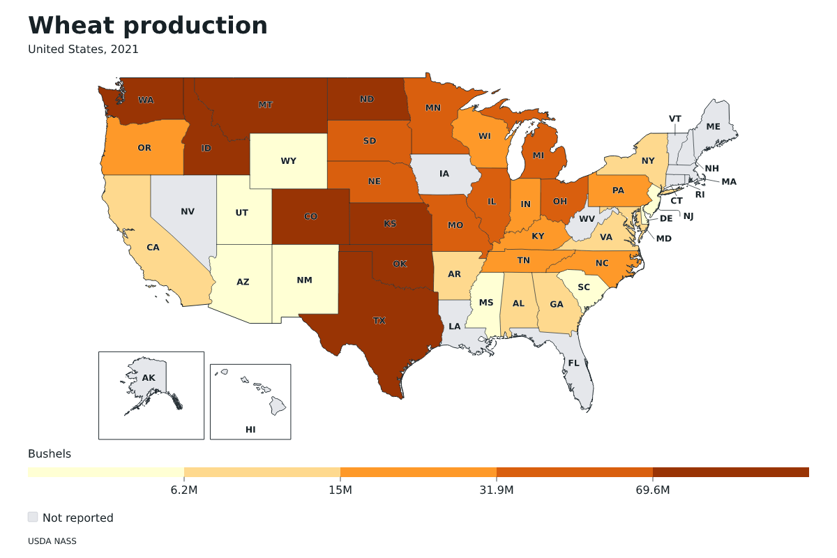 Producción de trigo por estado en Estados Unidos, 2021. Unidad: bushels de trigo. Fuente: USDA National Agricultural Statistics Service (NASS).