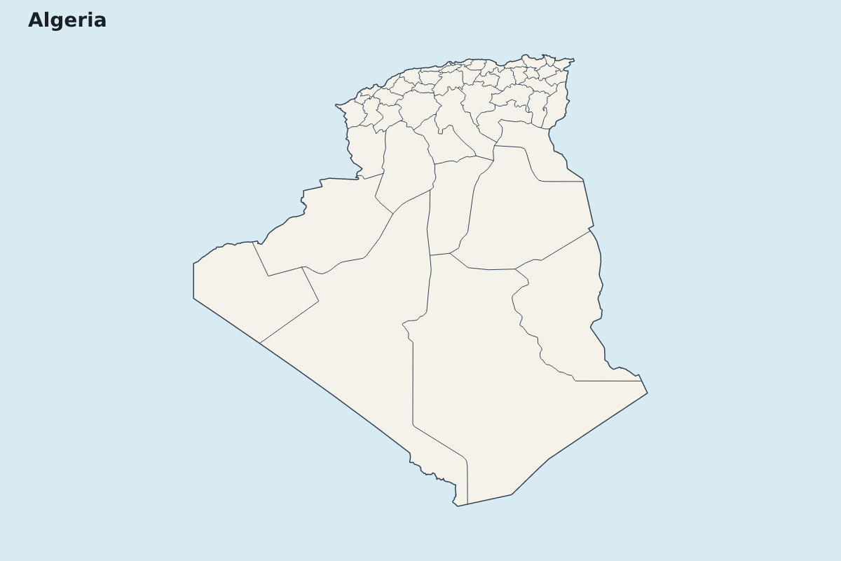 Mapa de resaltado de Algeria con límites administrativos internos.