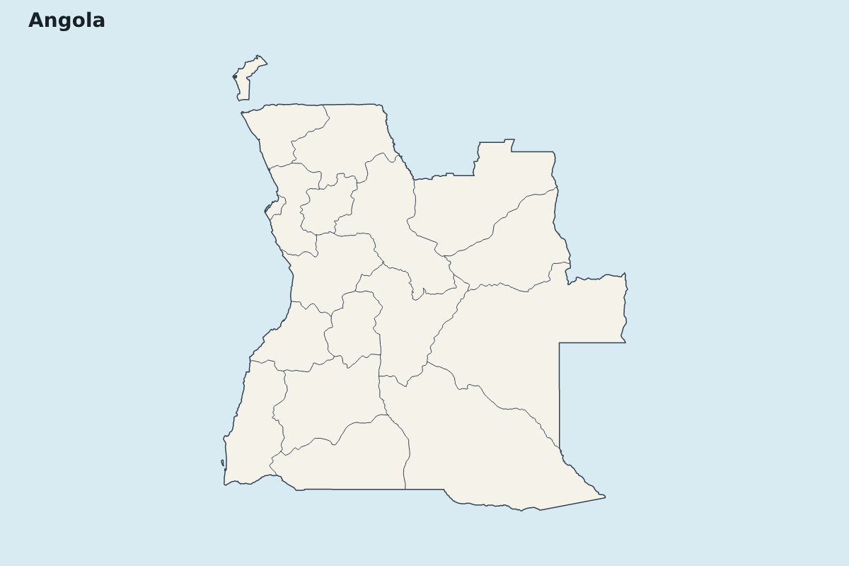 Mapa de resaltado de Angola con límites administrativos internos.