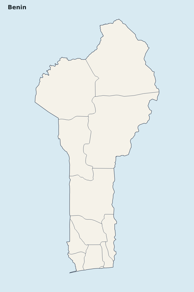 Mapa de resaltado de Benin con límites administrativos internos.