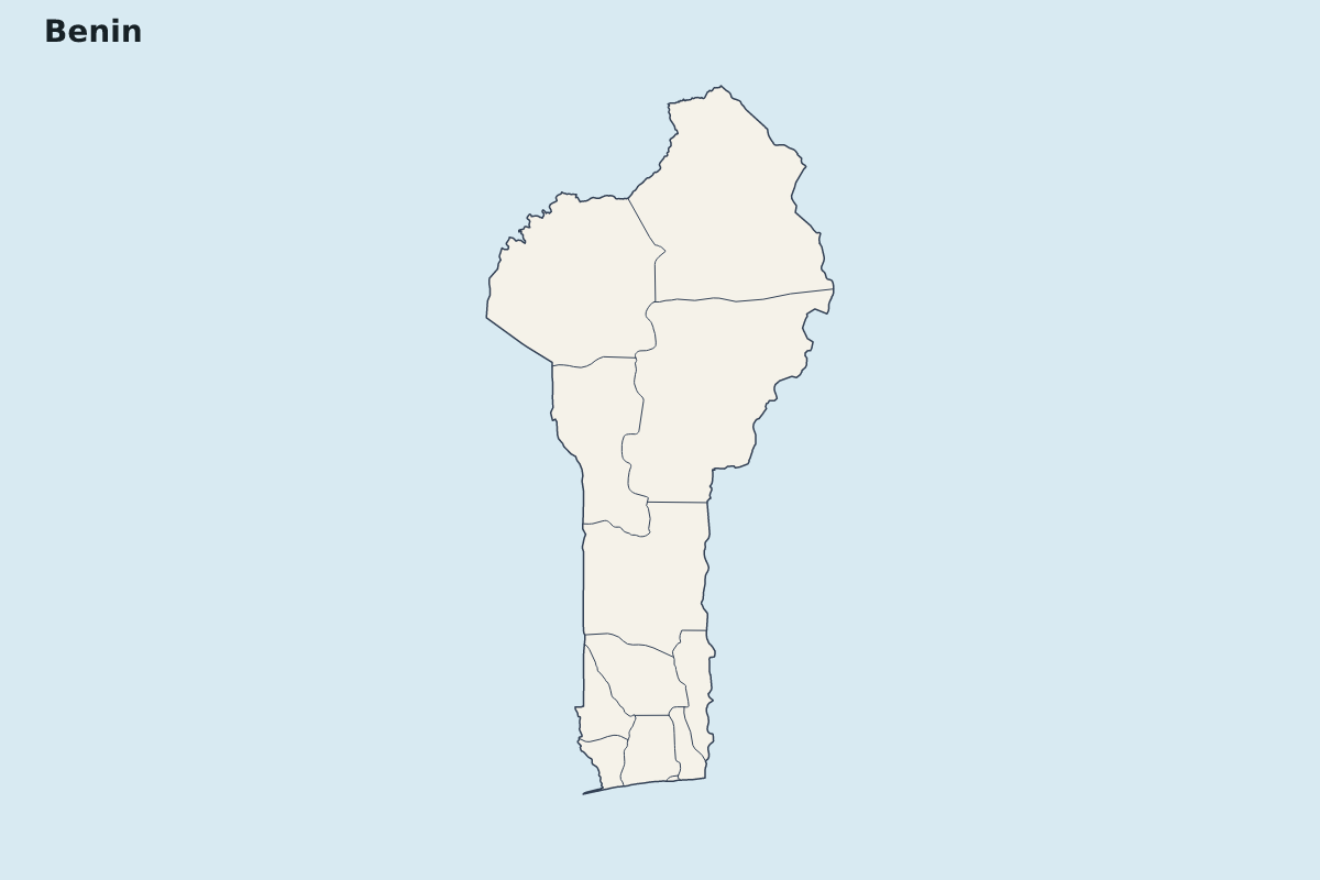 Mapa de resaltado de Benin con límites administrativos internos.