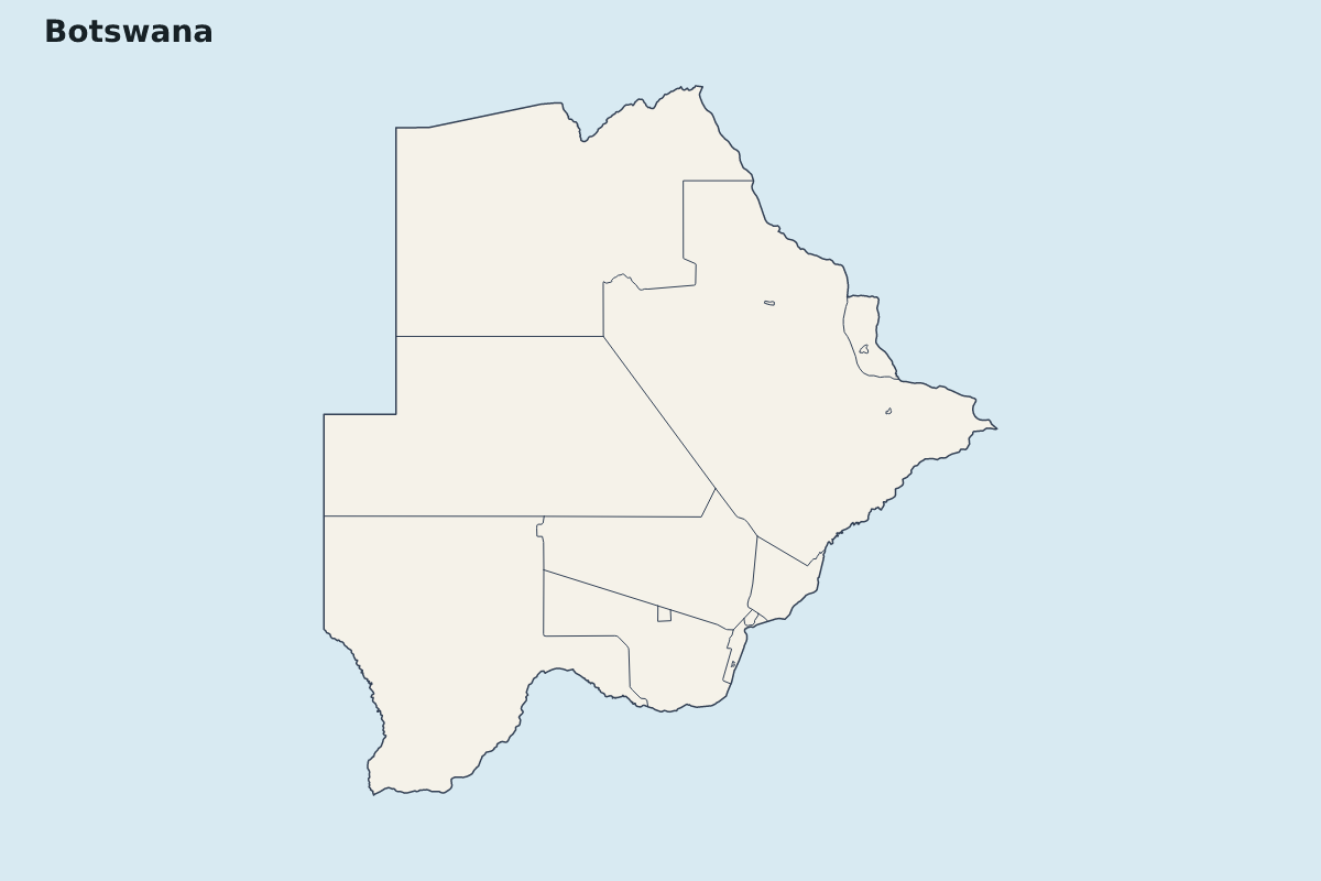 Mapa de resaltado de Botswana con límites administrativos internos.