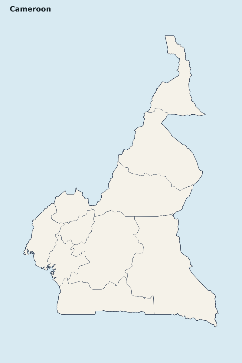 Mapa de resaltado de Cameroon con límites administrativos internos.