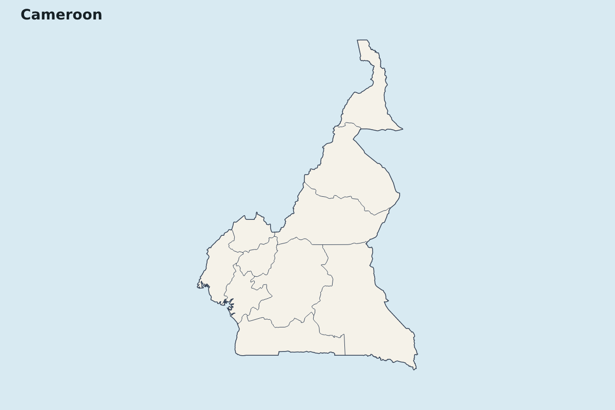 Mapa de resaltado de Cameroon con límites administrativos internos.