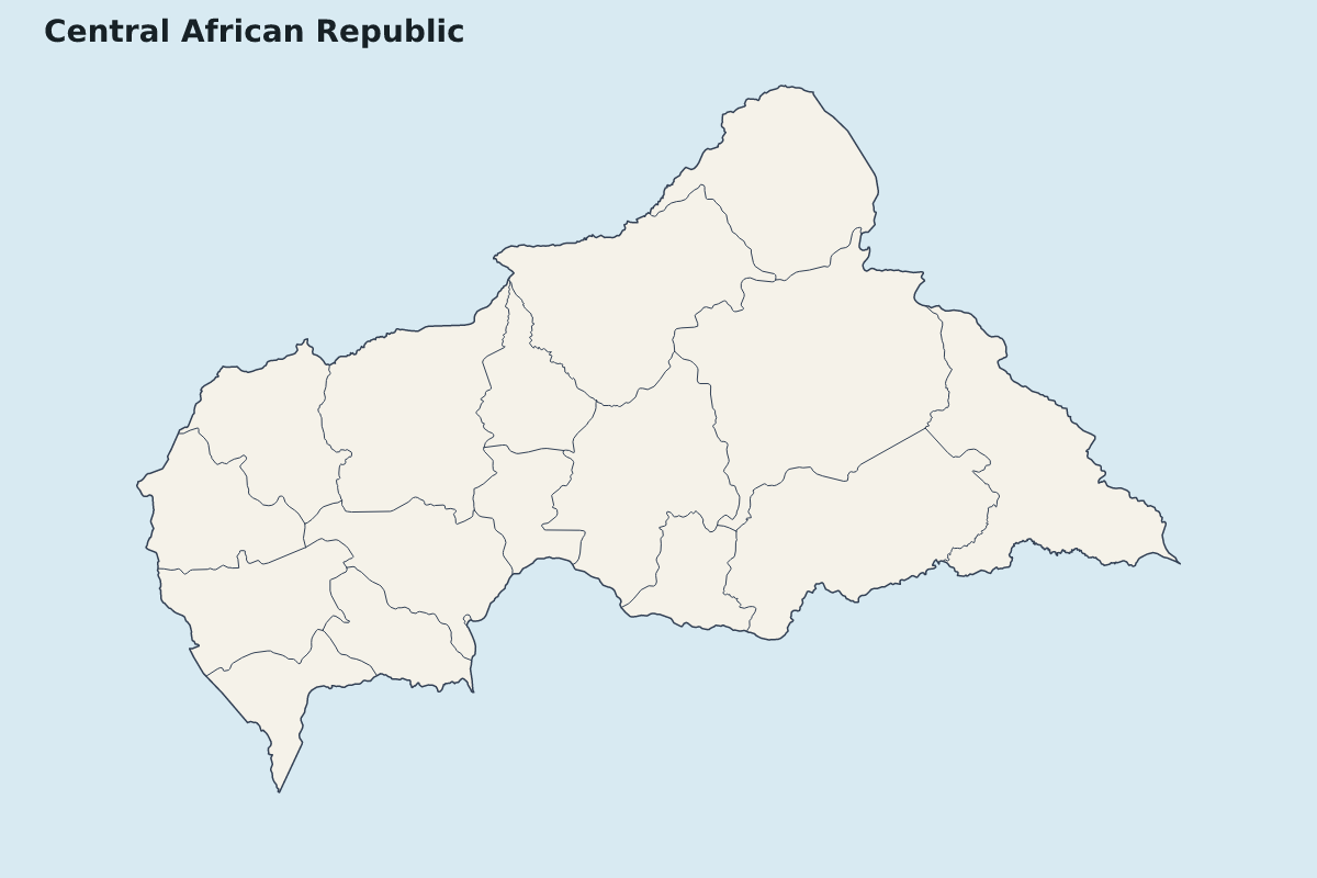 Mapa de resaltado de Central African Republic con límites administrativos internos.