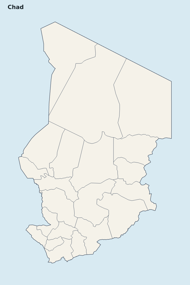 Mapa de resaltado de Chad con límites administrativos internos.
