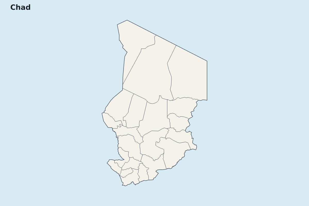 Mapa de resaltado de Chad con límites administrativos internos.