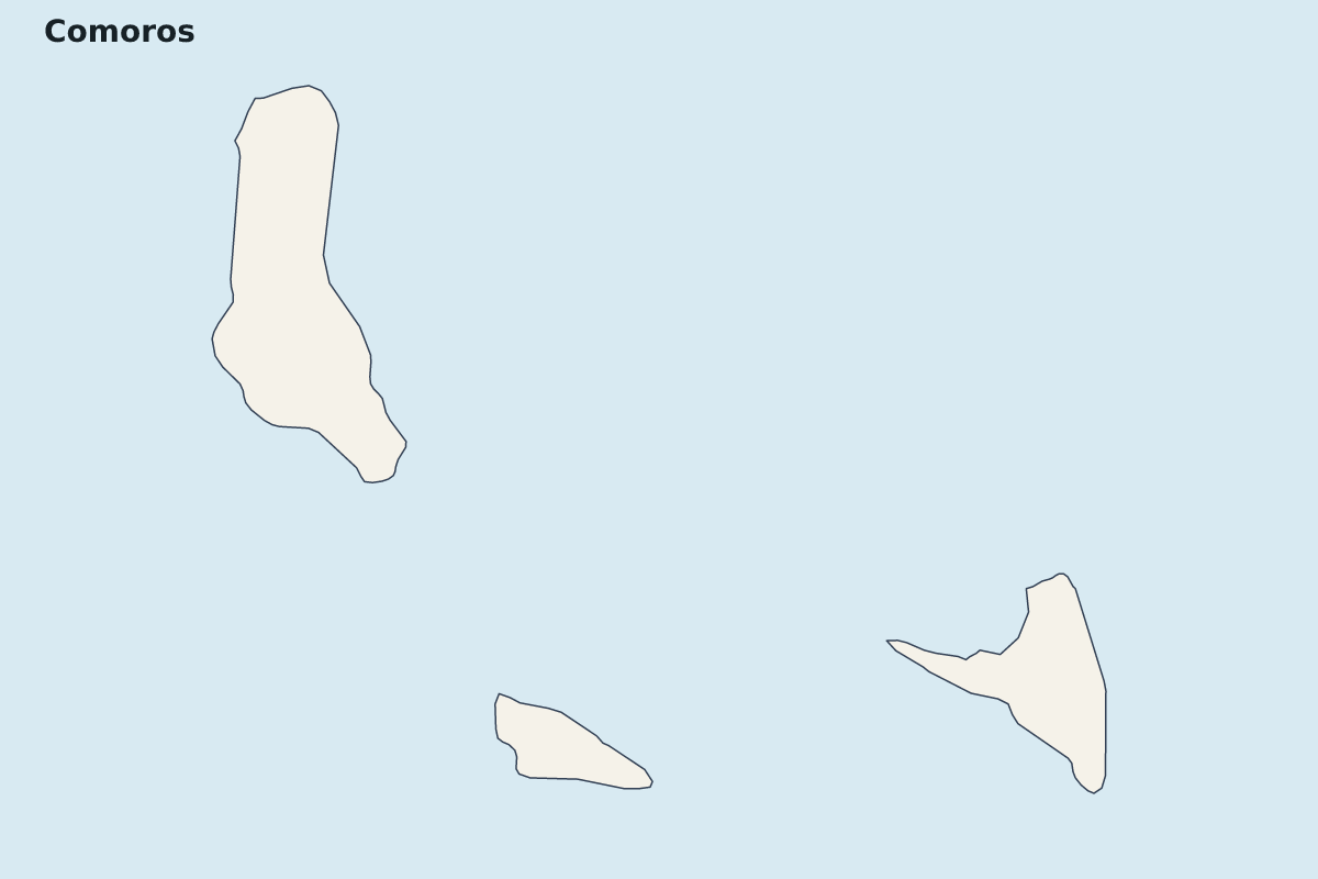 Mapa de resaltado de Comoros con límites administrativos internos.