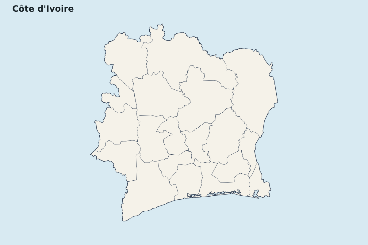Mapa de resaltado de Côte d'Ivoire con límites administrativos internos.