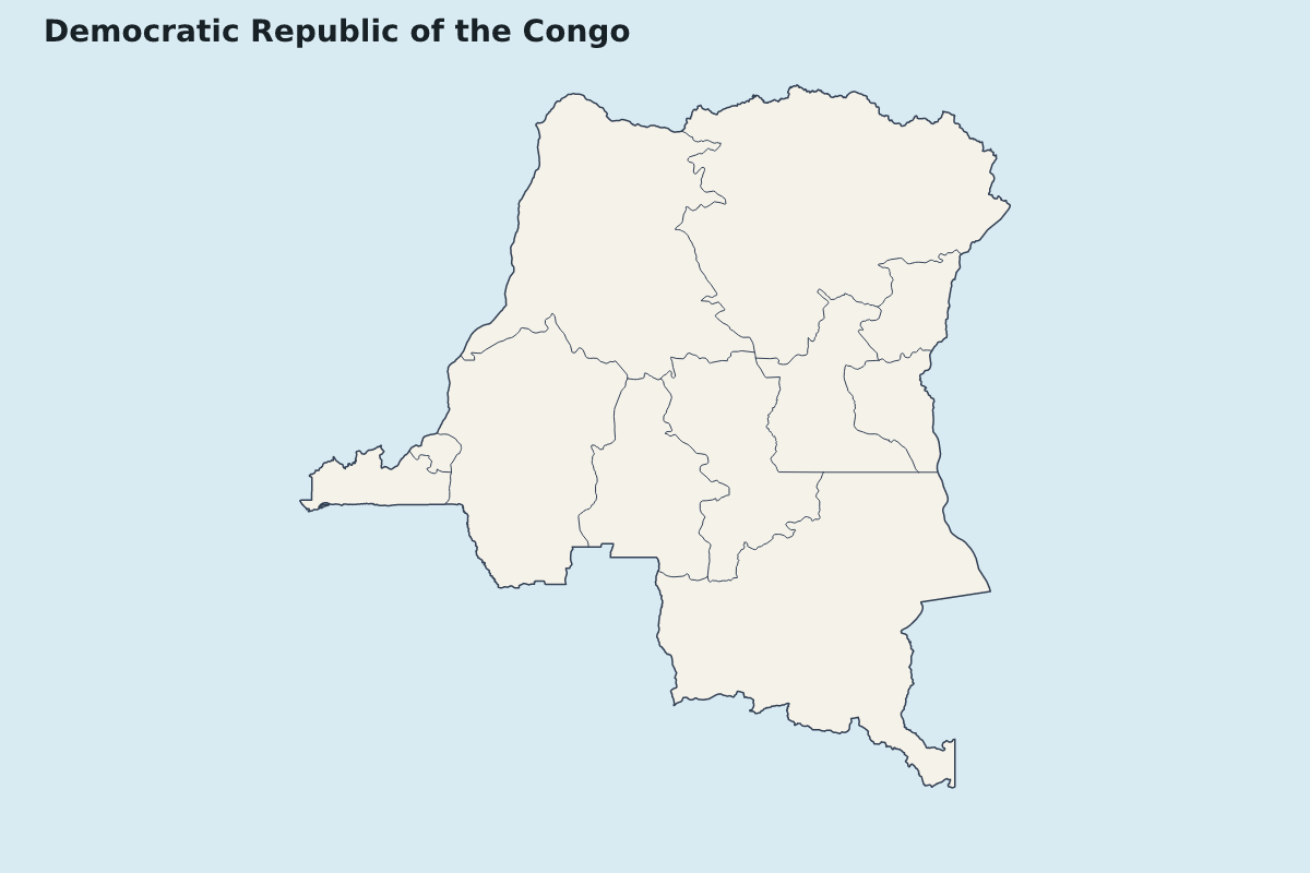 Mapa de resaltado de Democratic Republic of the Congo con límites administrativos internos.