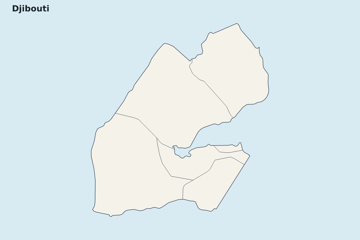 Mapa de resaltado de Djibouti con límites administrativos internos.