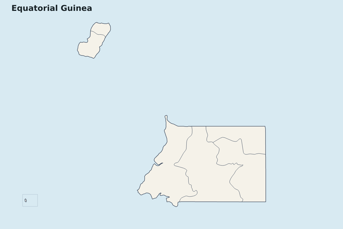 Mapa de resaltado de Equatorial Guinea con límites administrativos internos.