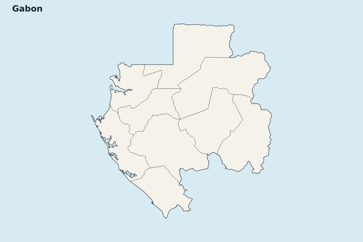 Mapa de resaltado de Gabon con límites administrativos internos.