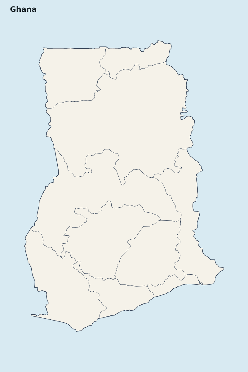 Mapa de resaltado de Ghana con límites administrativos internos.