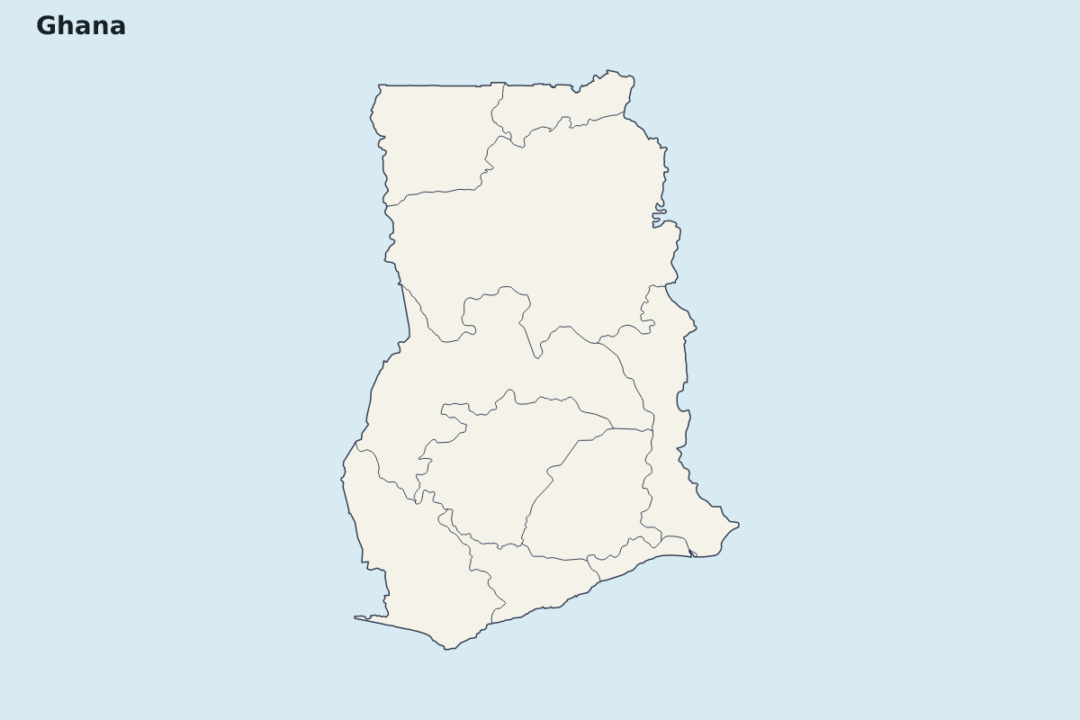Mapa de resaltado de Ghana con límites administrativos internos.