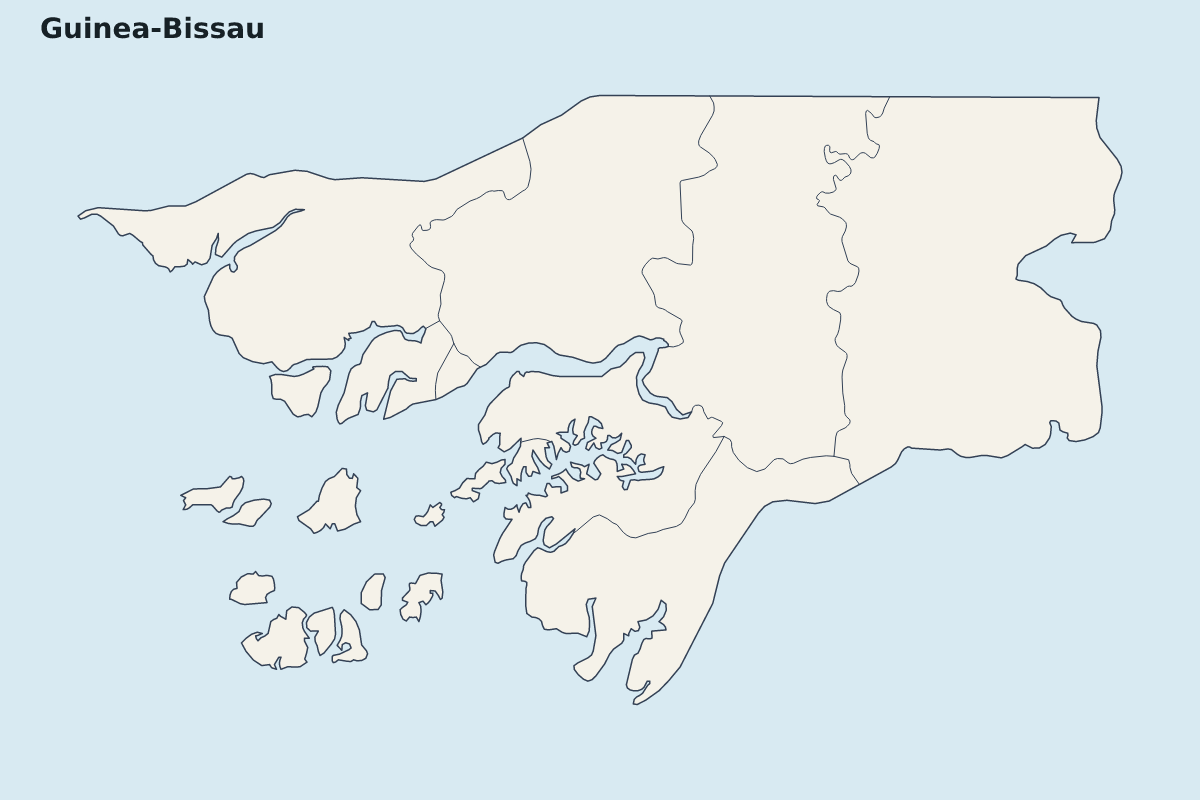 Mapa de resaltado de Guinea-Bissau con límites administrativos internos.