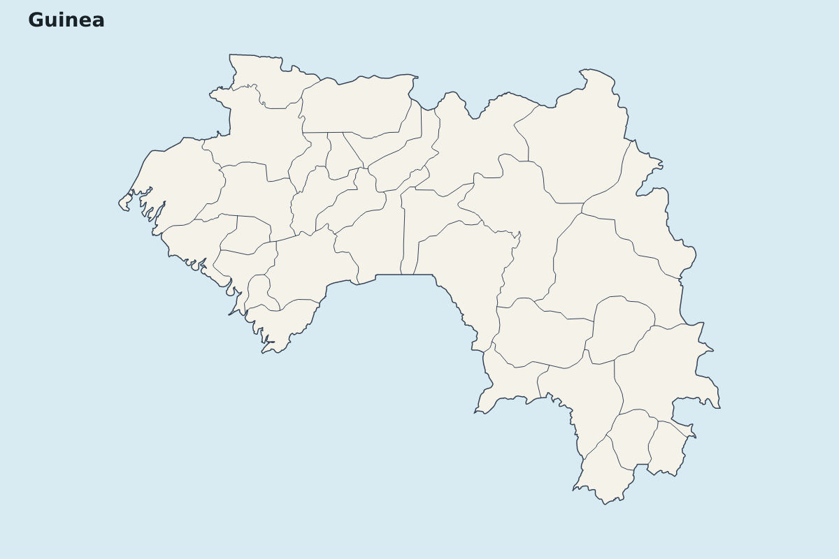 Mapa de resaltado de Guinea con límites administrativos internos.