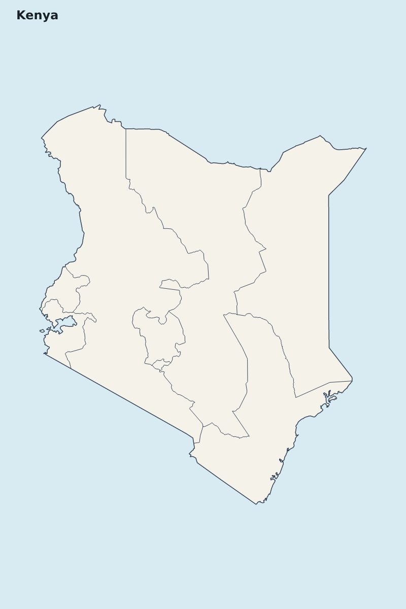 Mapa de resaltado de Kenya con límites administrativos internos.