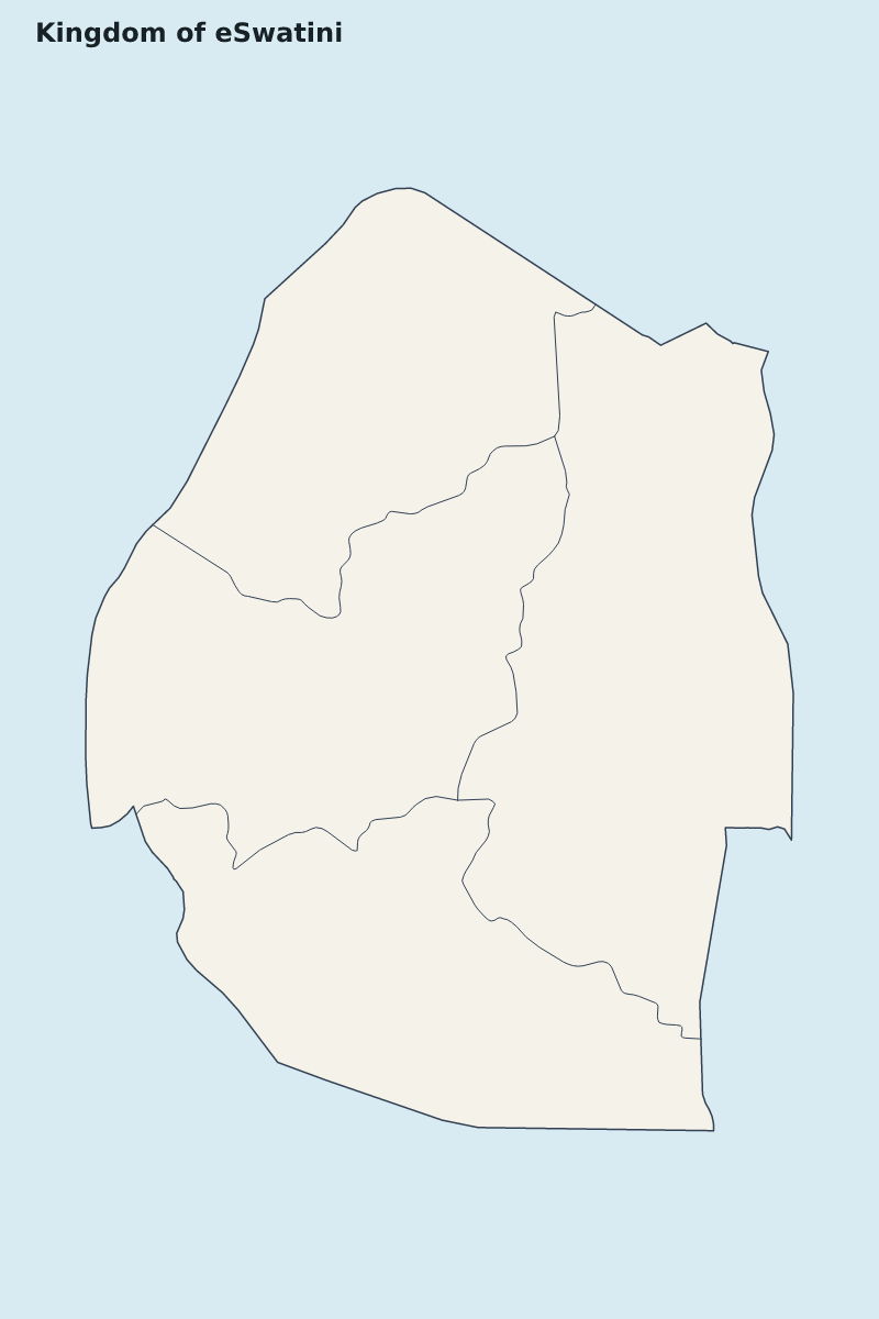Highlight map of Kingdom of eSwatini with internal administrative boundaries.