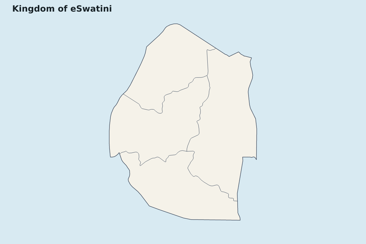 Mapa de resaltado de Kingdom of eSwatini con límites administrativos internos.