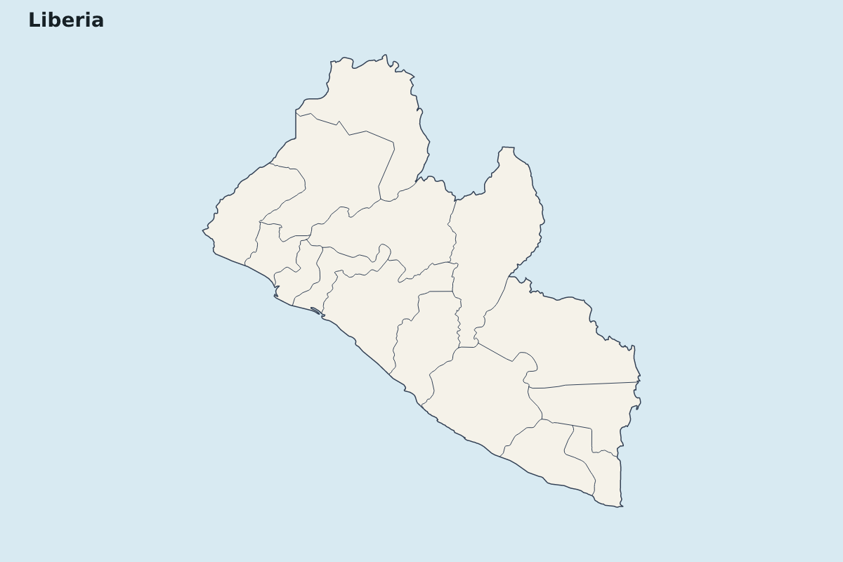 Mapa de resaltado de Liberia con límites administrativos internos.