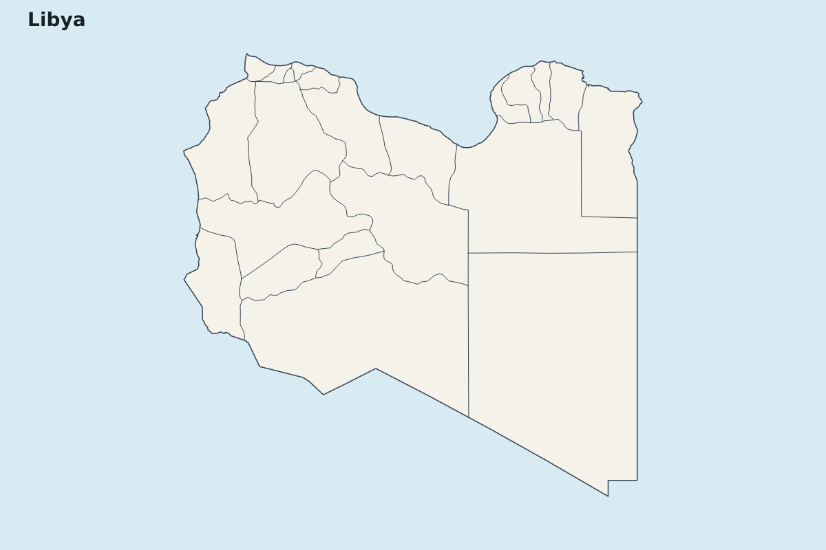 Mapa de resaltado de Libya con límites administrativos internos.