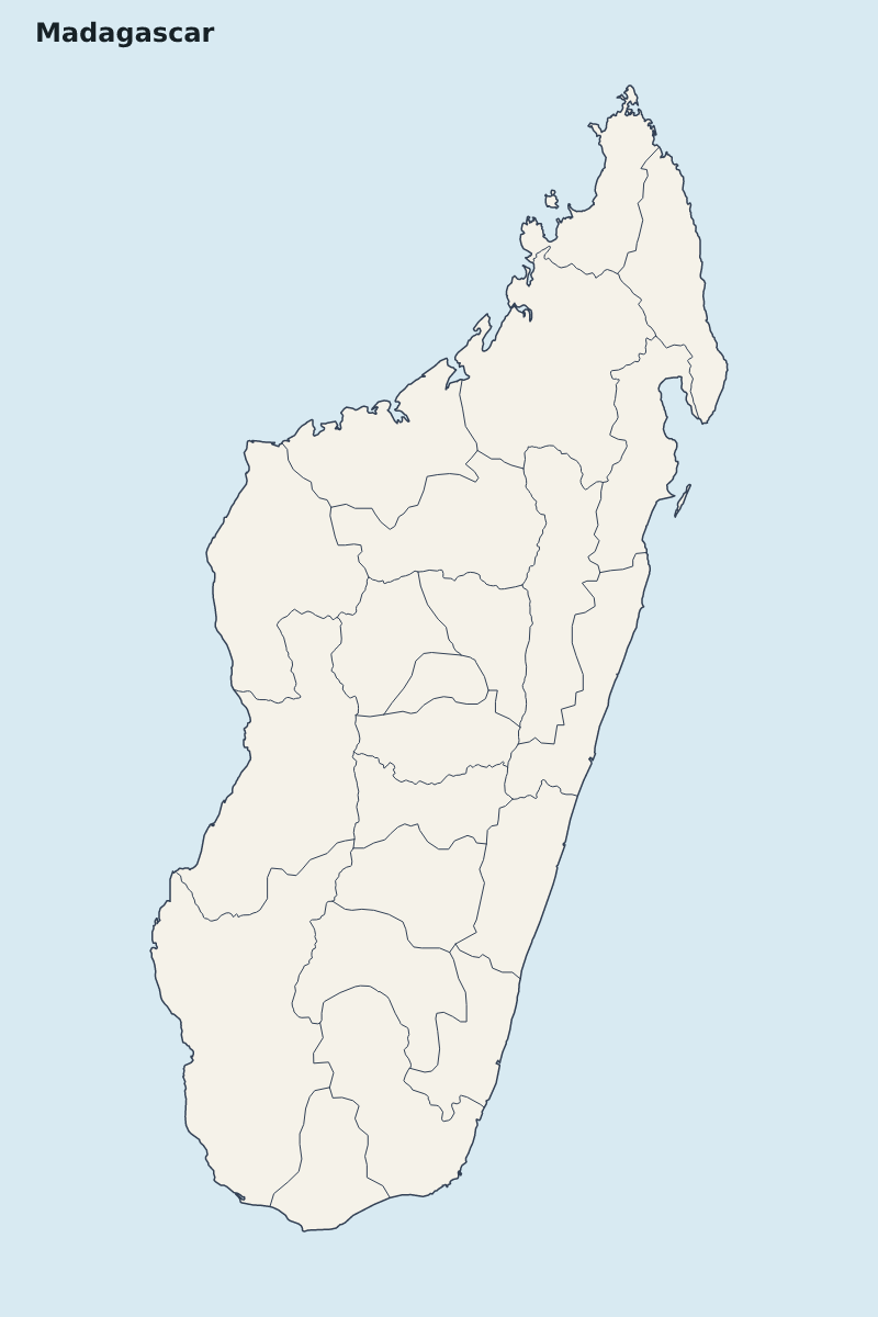 Mapa de resaltado de Madagascar con límites administrativos internos.