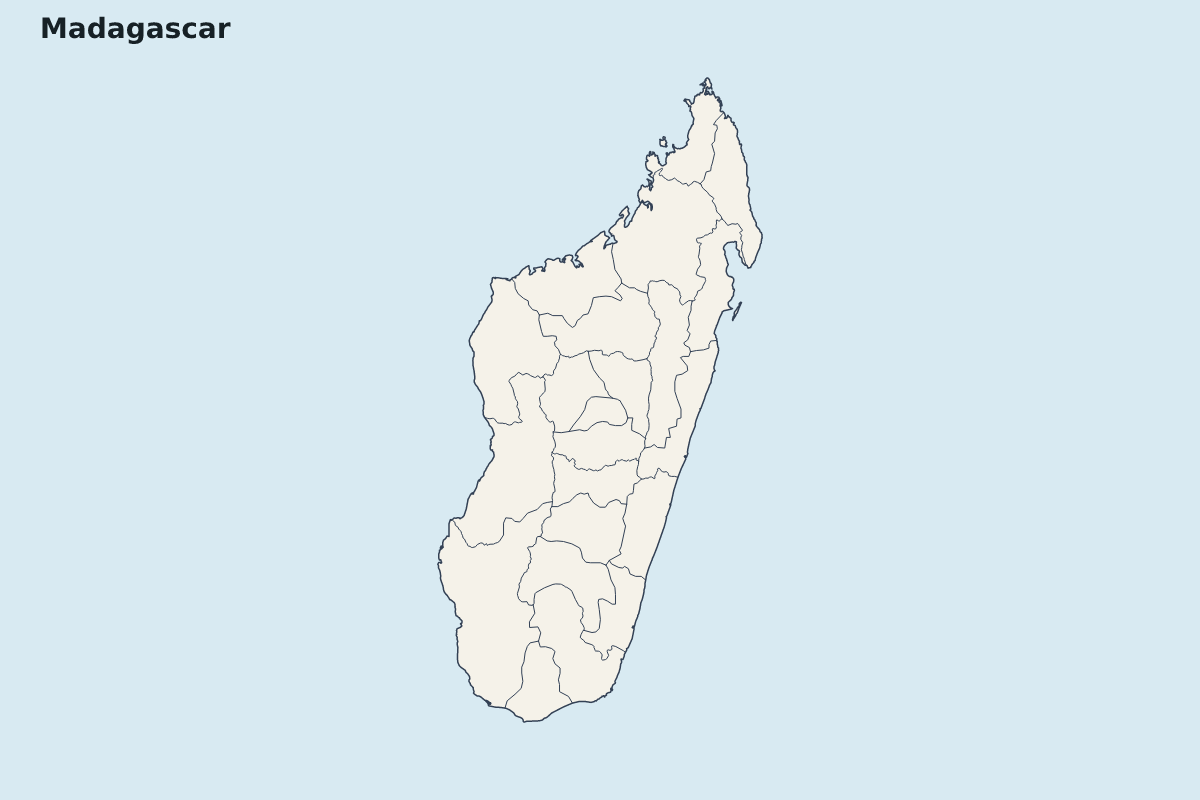 Mapa de resaltado de Madagascar con límites administrativos internos.