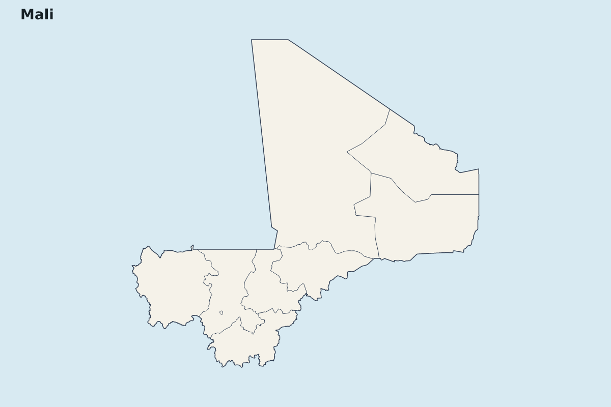 Highlight map of Mali with internal administrative boundaries.
