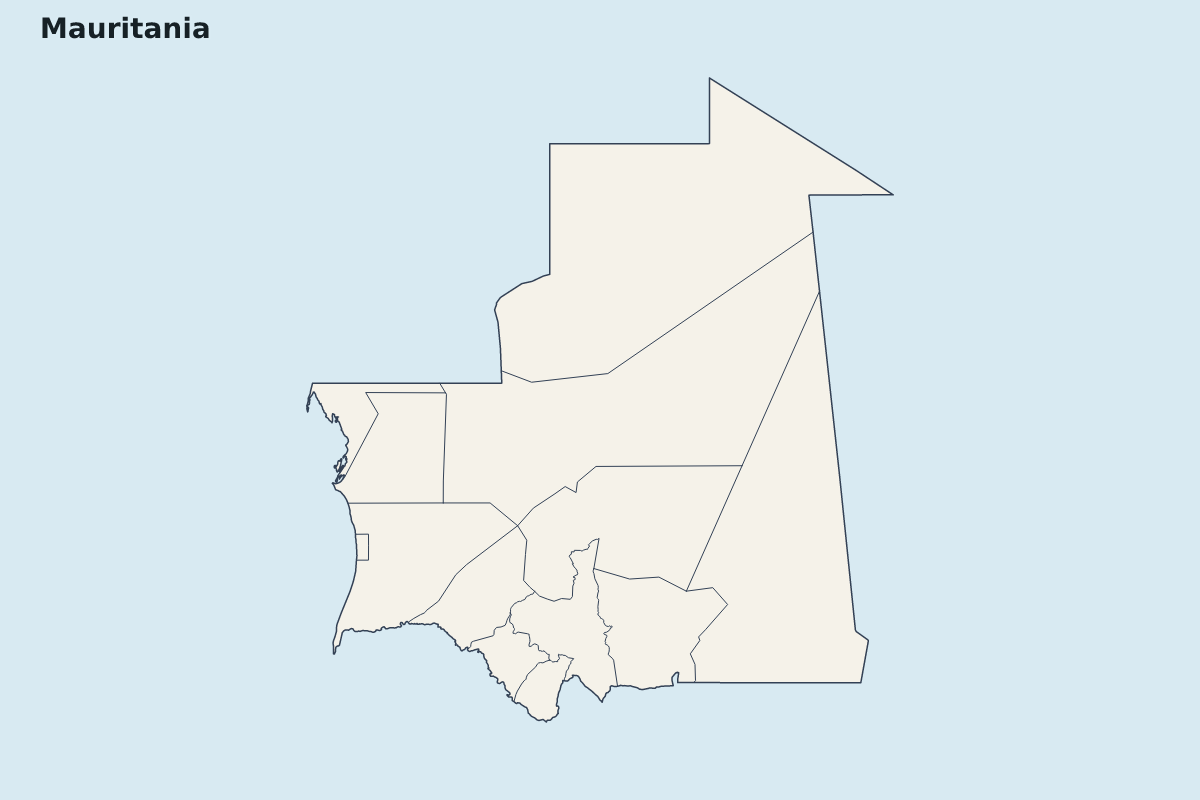 Carte de mise en évidence de Mauritania avec limites administratives internes.