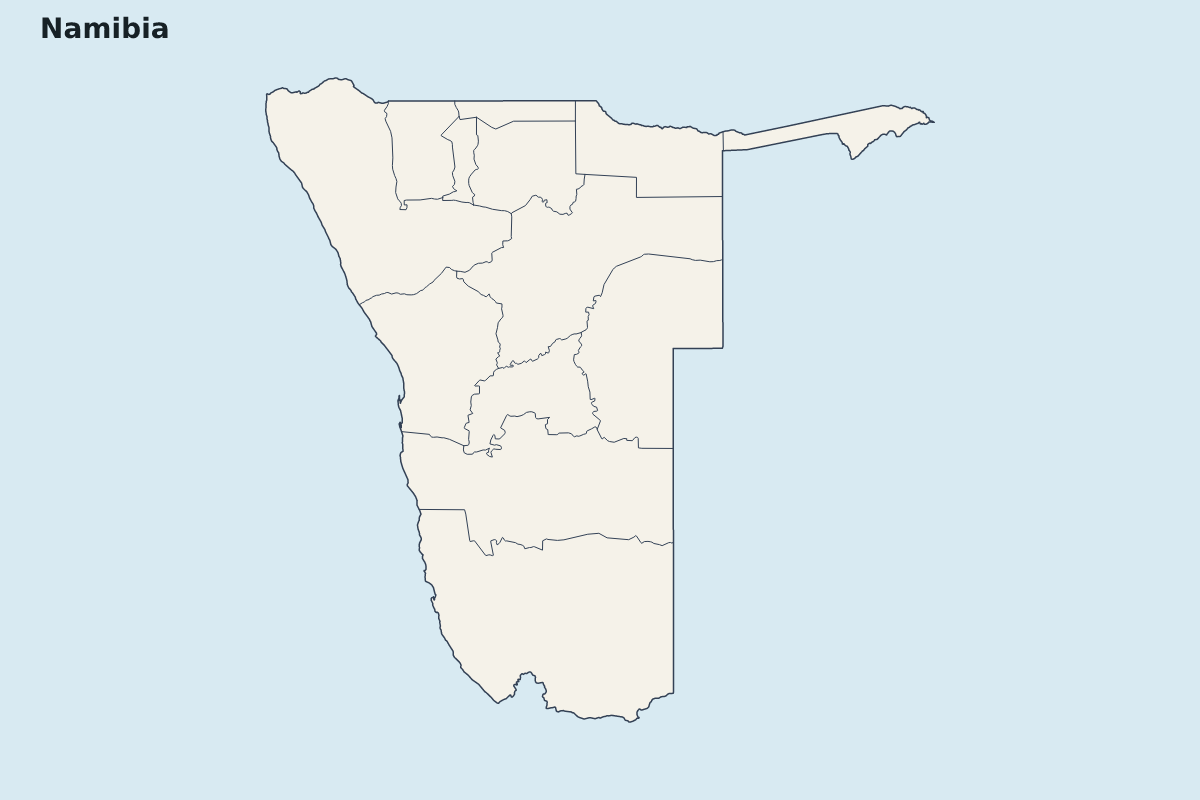 Mapa de resaltado de Namibia con límites administrativos internos.