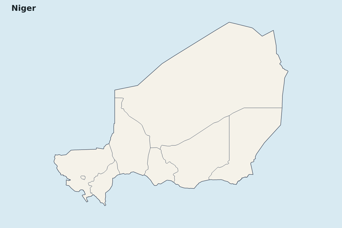 Mapa de resaltado de Niger con límites administrativos internos.