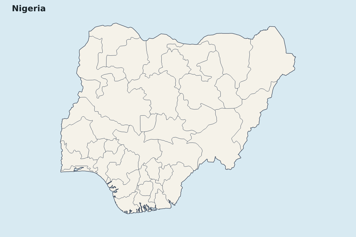 Mapa de resaltado de Nigeria con límites administrativos internos.