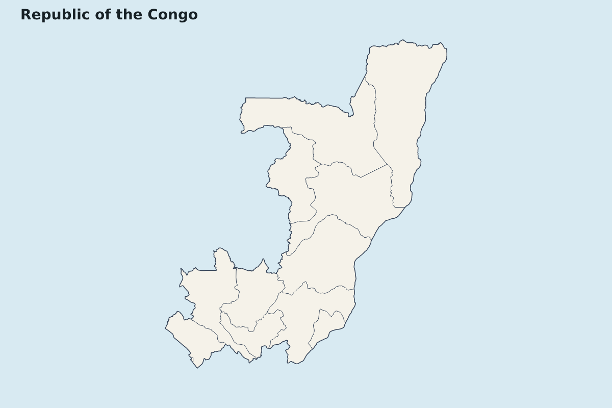 Mapa de resaltado de Republic of the Congo con límites administrativos internos.