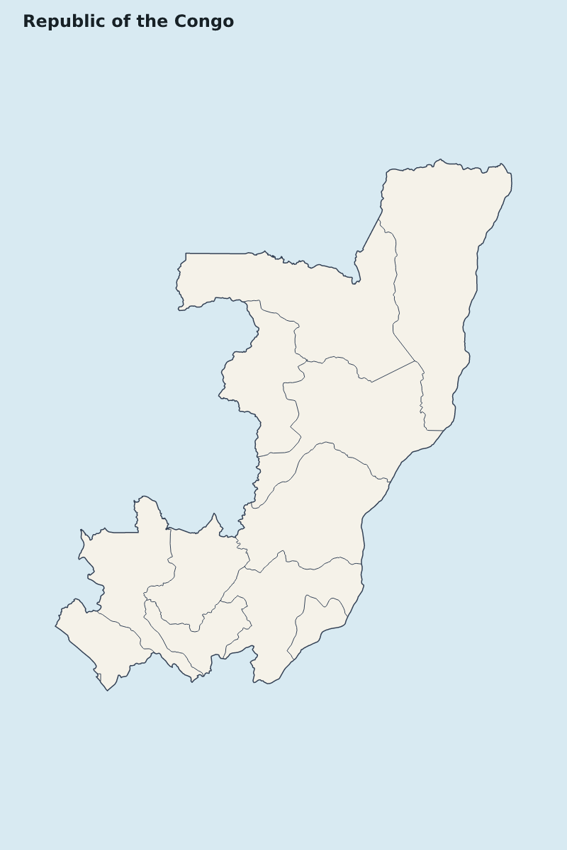 Mapa de resaltado de Republic of the Congo con límites administrativos internos.