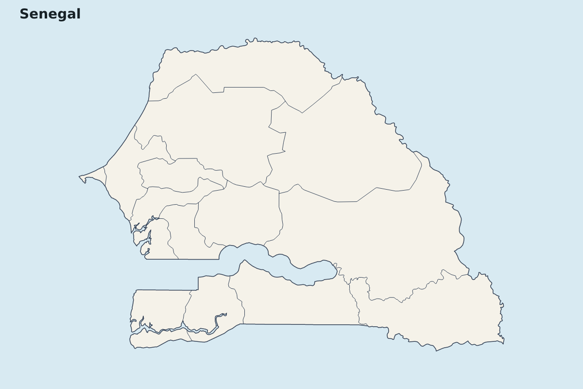 Carte de mise en évidence de Senegal avec limites administratives internes.
