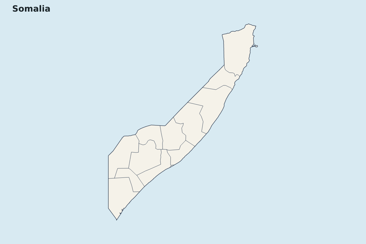 Mapa de resaltado de Somalia con límites administrativos internos.