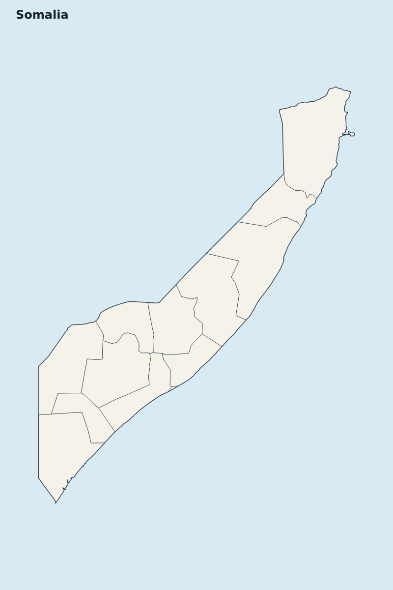 Mapa de resaltado de Somalia con límites administrativos internos.