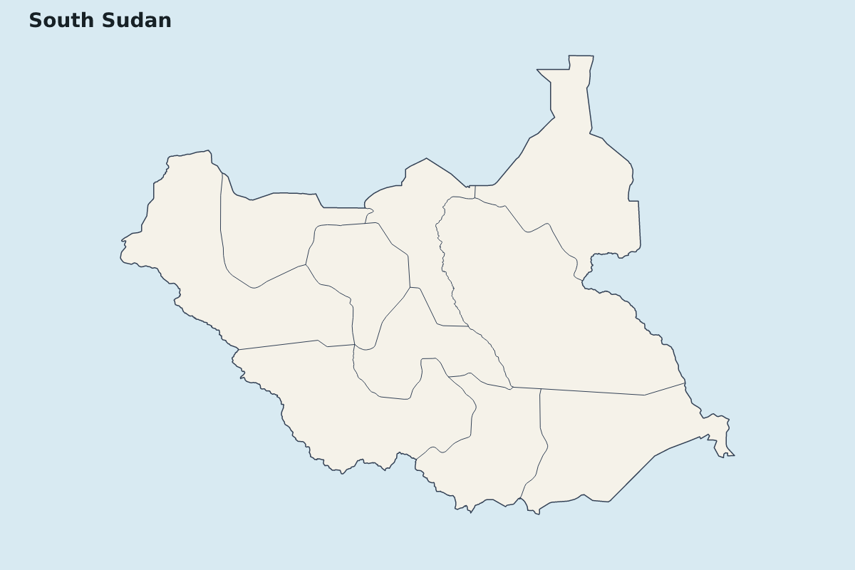 Carte de mise en évidence de South Sudan avec limites administratives internes.