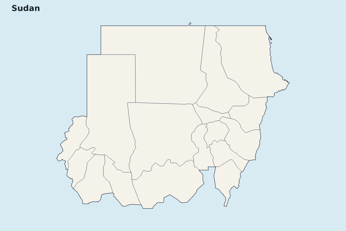 Mapa de resaltado de Sudan con límites administrativos internos.