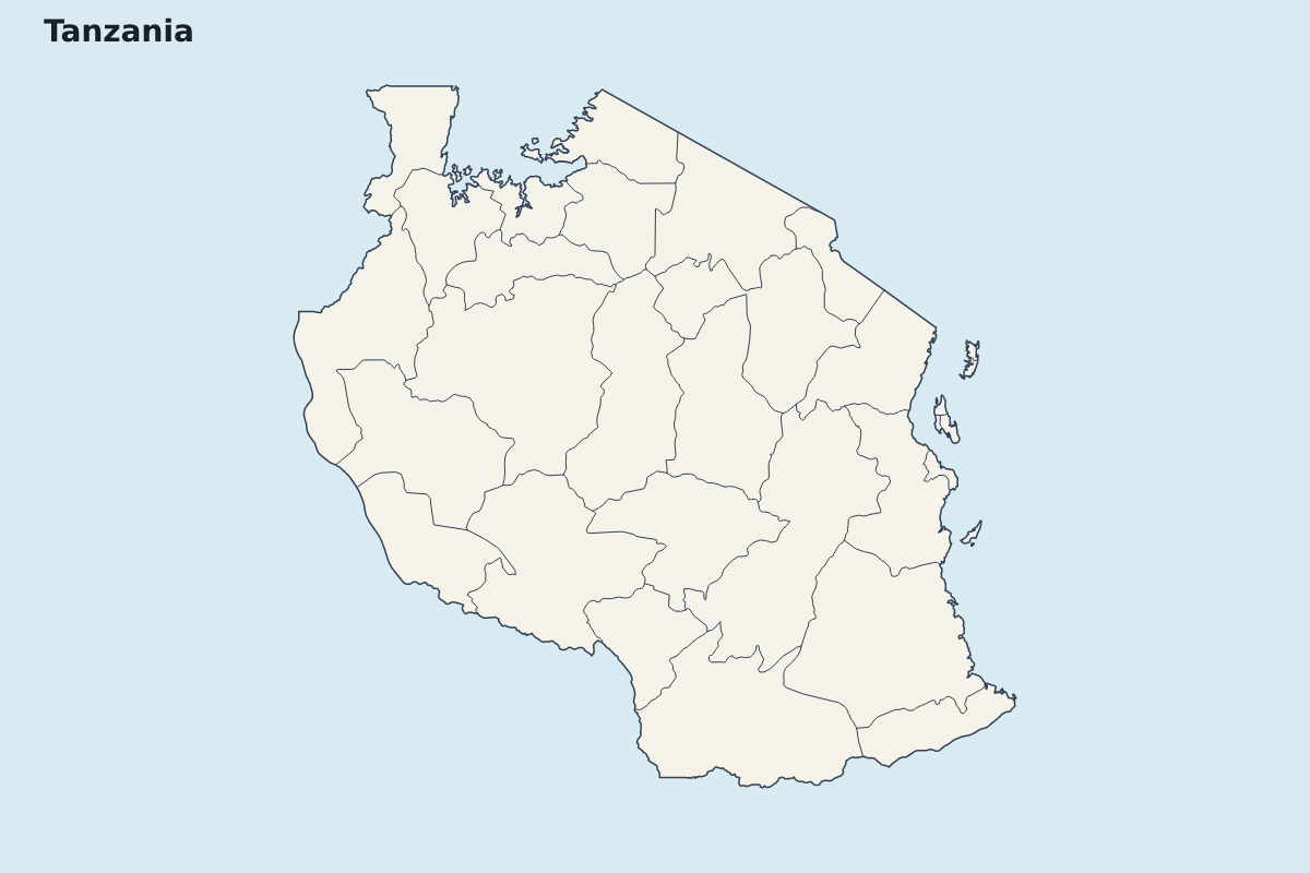 Mapa de resaltado de Tanzania con límites administrativos internos.