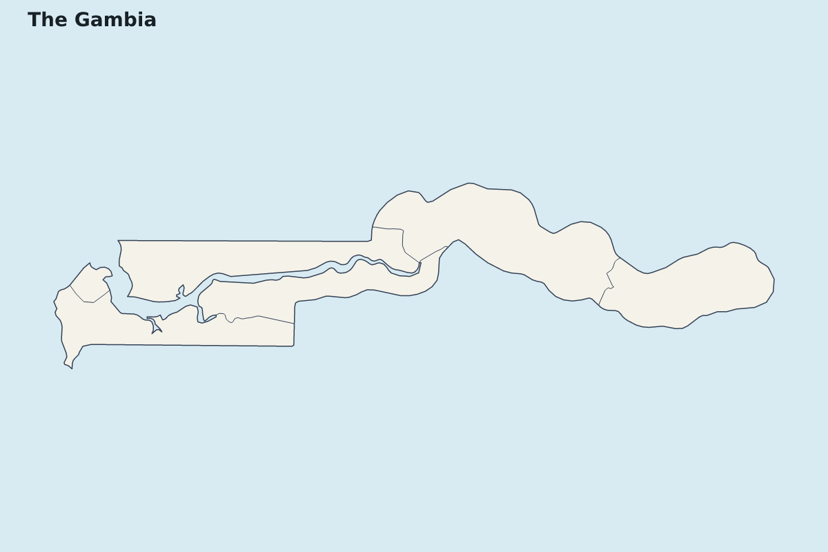 Mapa de resaltado de the Gambia con límites administrativos internos.