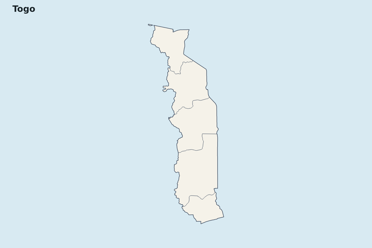 Carte de mise en évidence de Togo avec limites administratives internes.
