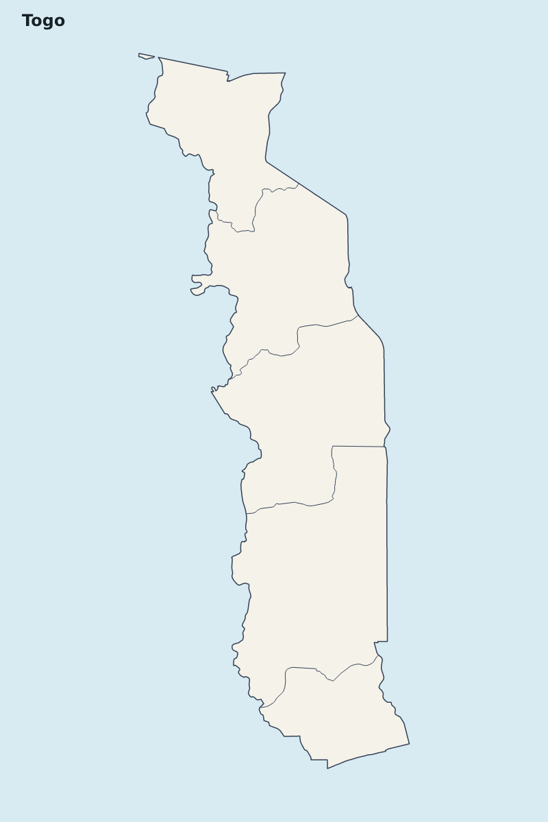 Mapa de resaltado de Togo con límites administrativos internos.