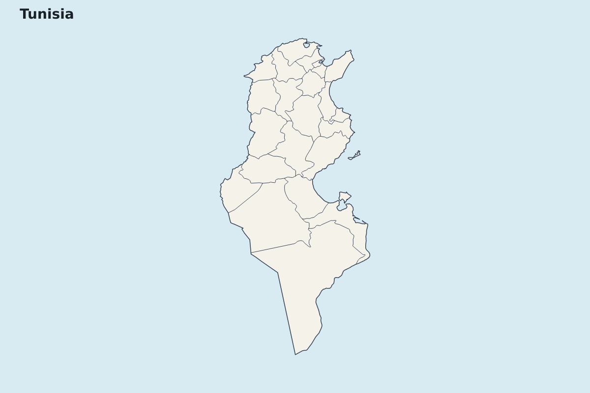 Mapa de resaltado de Tunisia con límites administrativos internos.